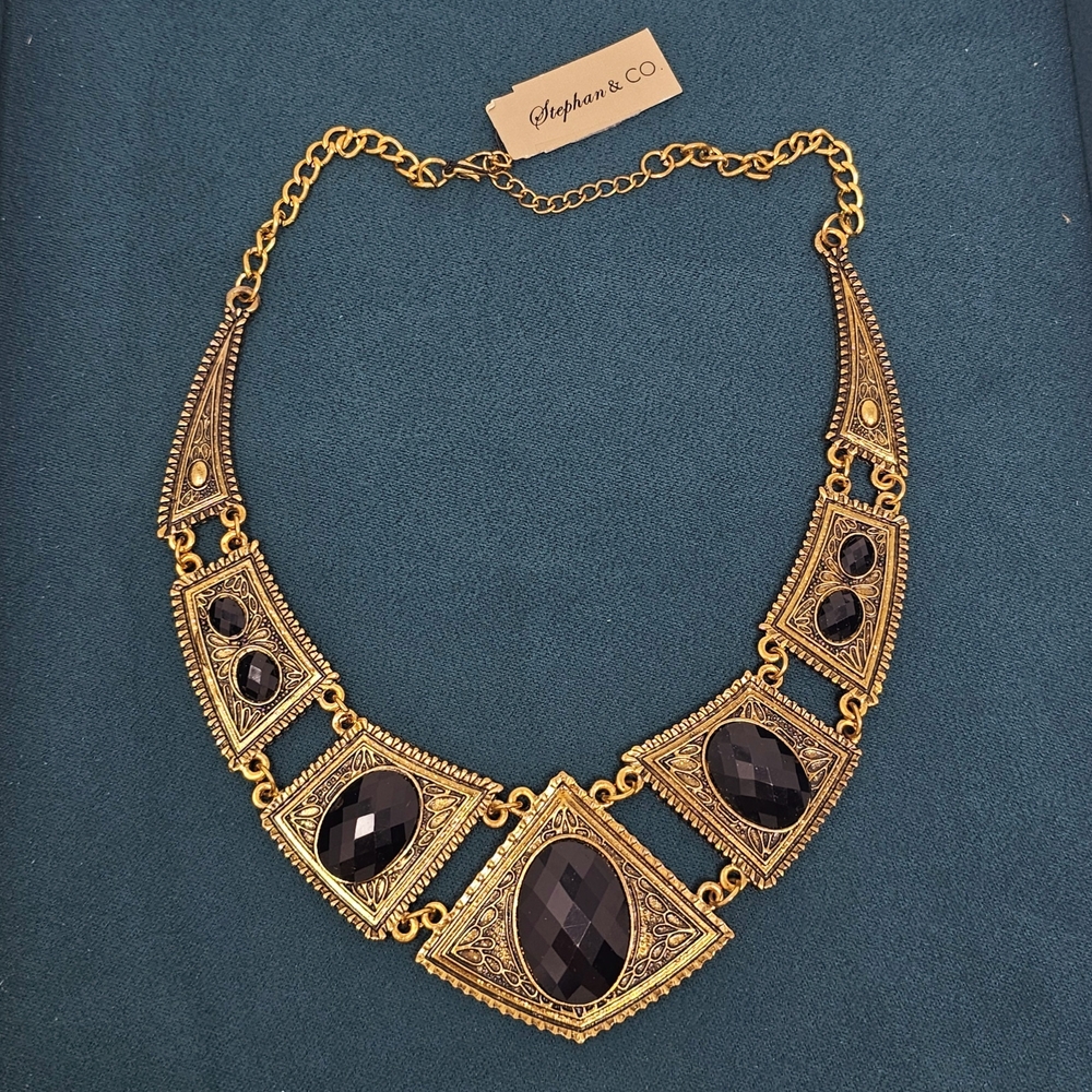 Vintage Gold and Black Geometric Necklace Art Deco Style Statement Collar